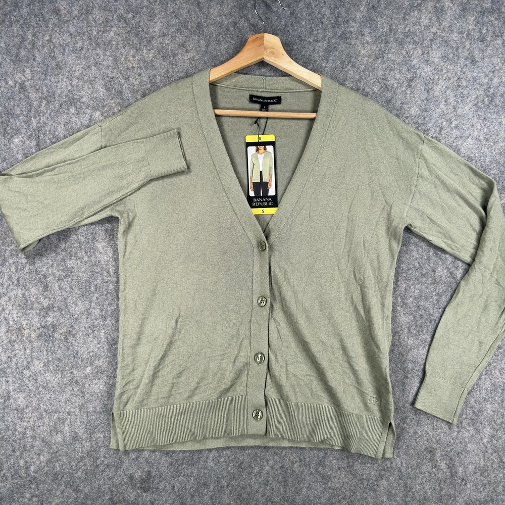 Banana Republic Cardigan Sweater Womens Small Green Cotton Viscose Knit V Neck - Picture 2 of 15